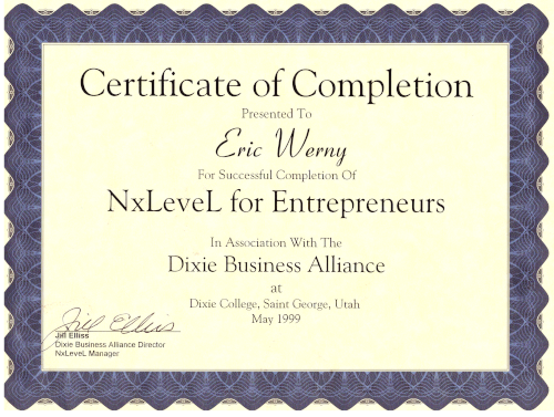 Certificate of Completion NxLevel for Entrepreneures
